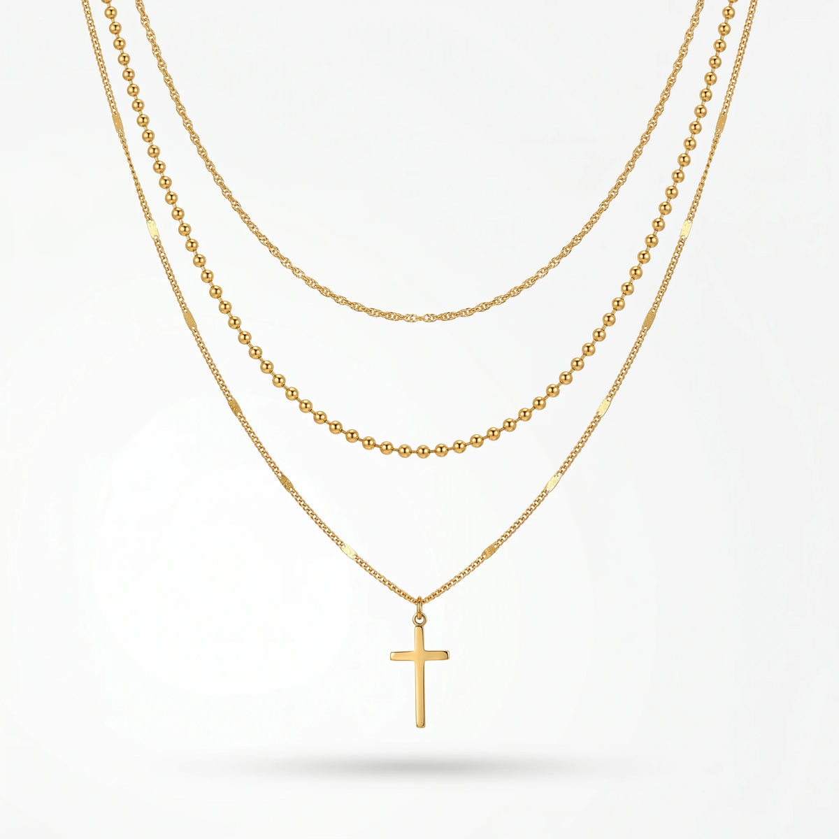 QIAOREN 10602 3 Layered Cross Pendant Necklace Link Chain 18K Gold Plated Stainless Steel Waterproof Tarnish Free Unisex Jewelry