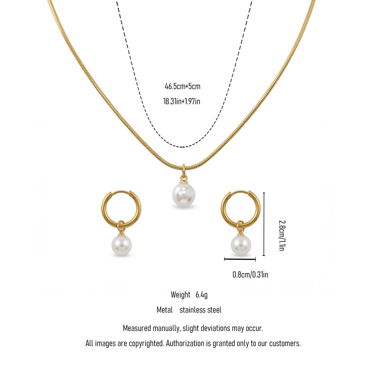 QIAOREN 11591 Elegant Minimalist Pearl Jewelry Set 18K Gold Stainless Steel Necklace and Hoop Earrings for Women
