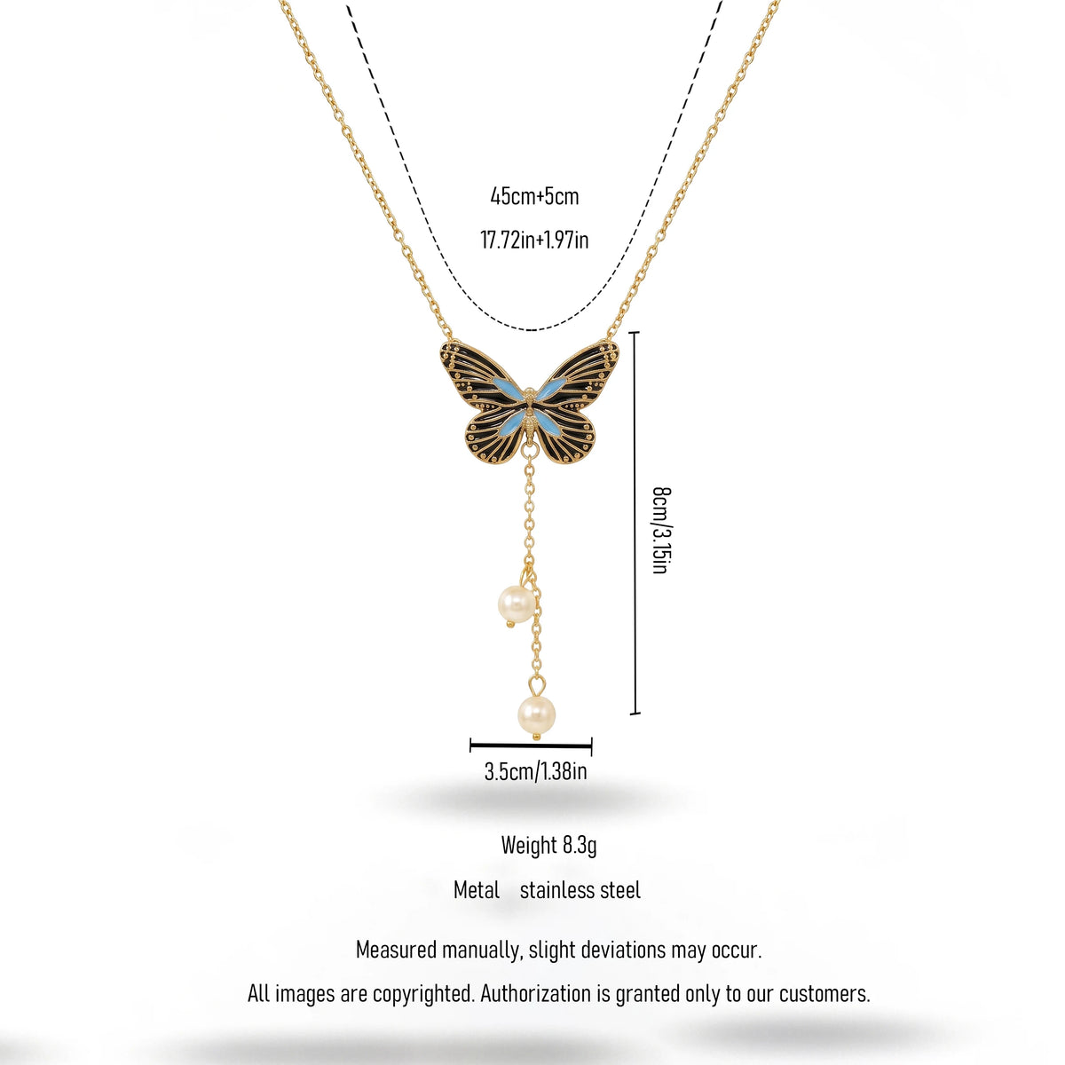QIAOREN 13470 Vintage Enamel Butterfly Y Drop Necklace with Two Dangle Pearl Charms, Elegant Retro Neck Jewelry Gift