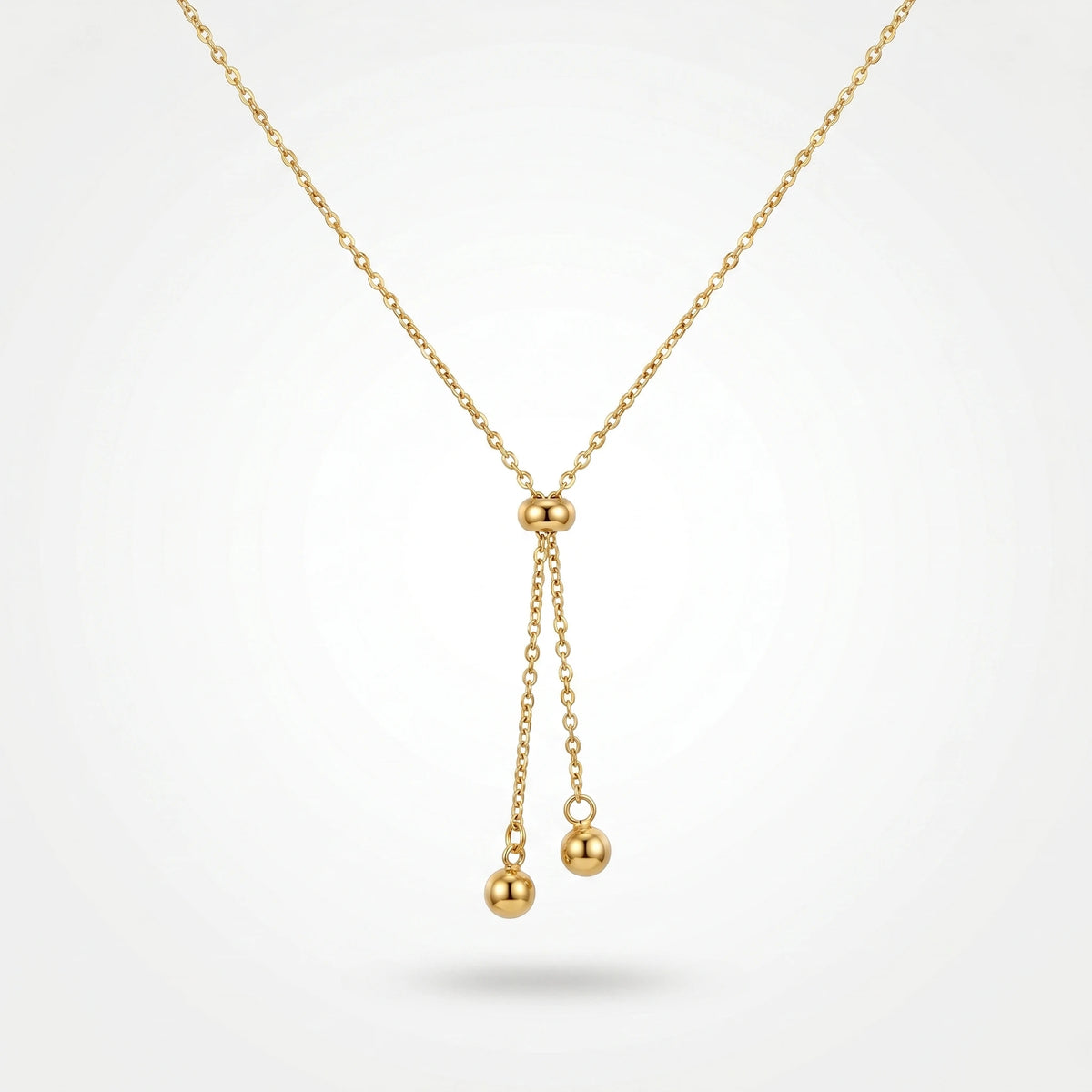 QIAOREN 10627 Trendy Adjustable Lariat Necklace Stainless Steel Gold Plated Geometric Ball Pendant for Women