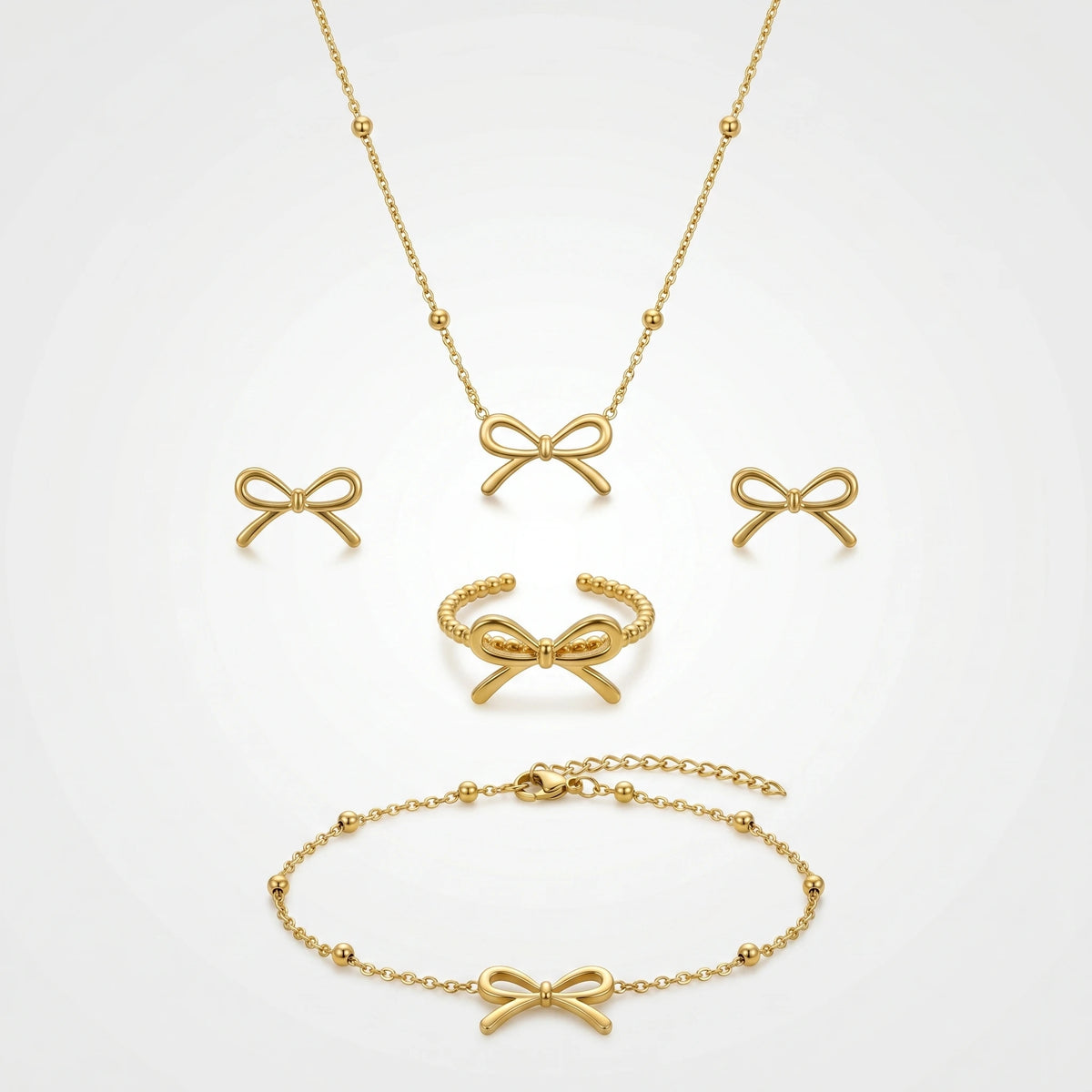 QIAOREN 11583 Tarnish Free 18K Gold Stainless Steel Bow Jewelry Set 4PCS Necklace Bracelet Ring Stud Earrings