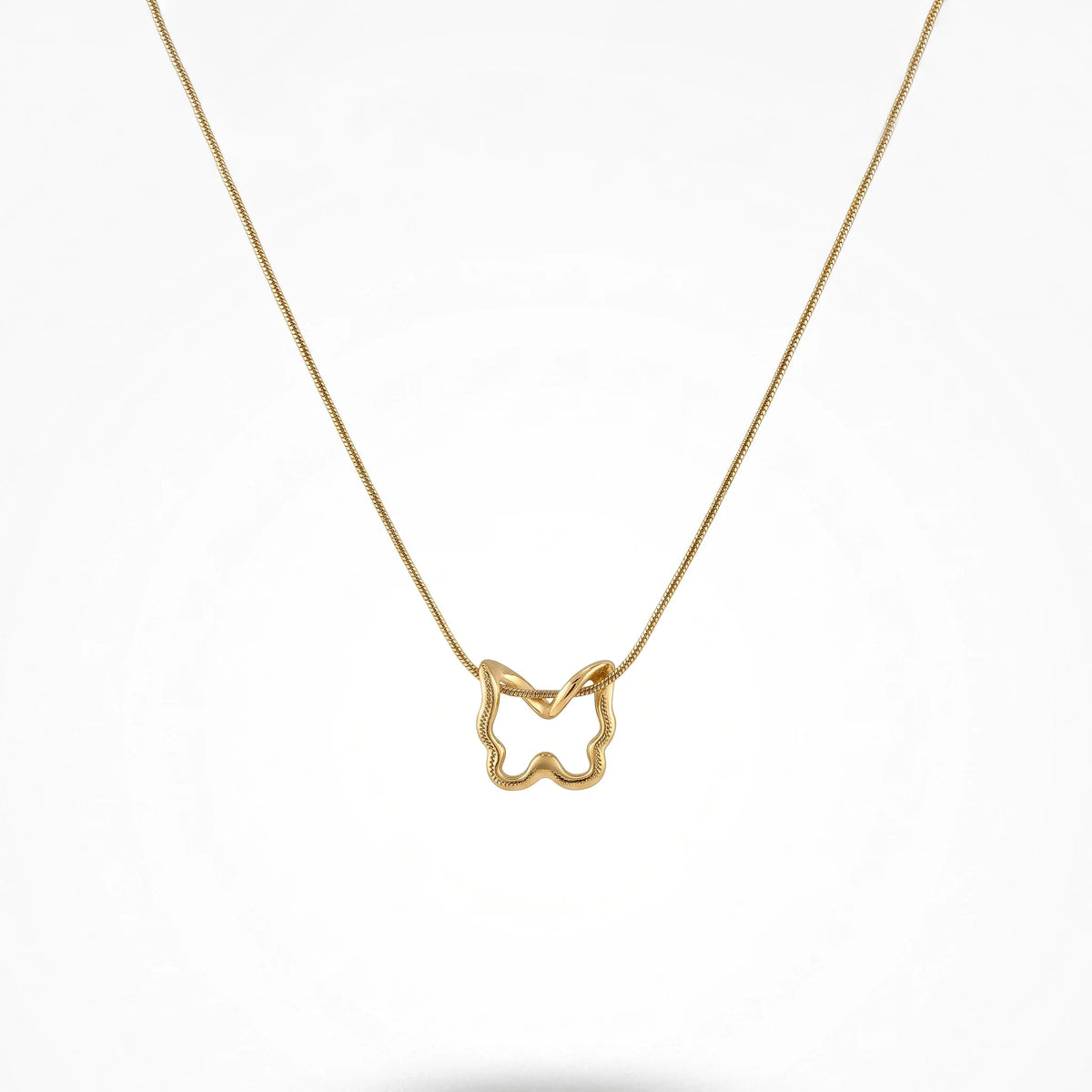QIAOREN 13802 Thin Snake Chain Hollow Outline Butterfly Pendant Necklace with Beaded Border Texture Frame, Polished Matte Gold