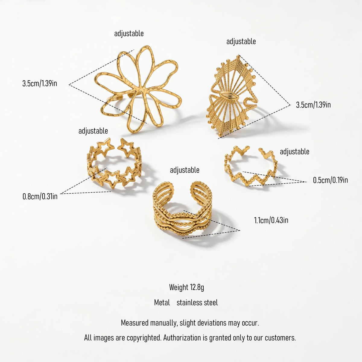 QIAOREN 13076-80 5Pcs 18K Gold Plated Stainless Steel Open Ring Set, Adjustable Stackable Flower & Heart Finger Rings