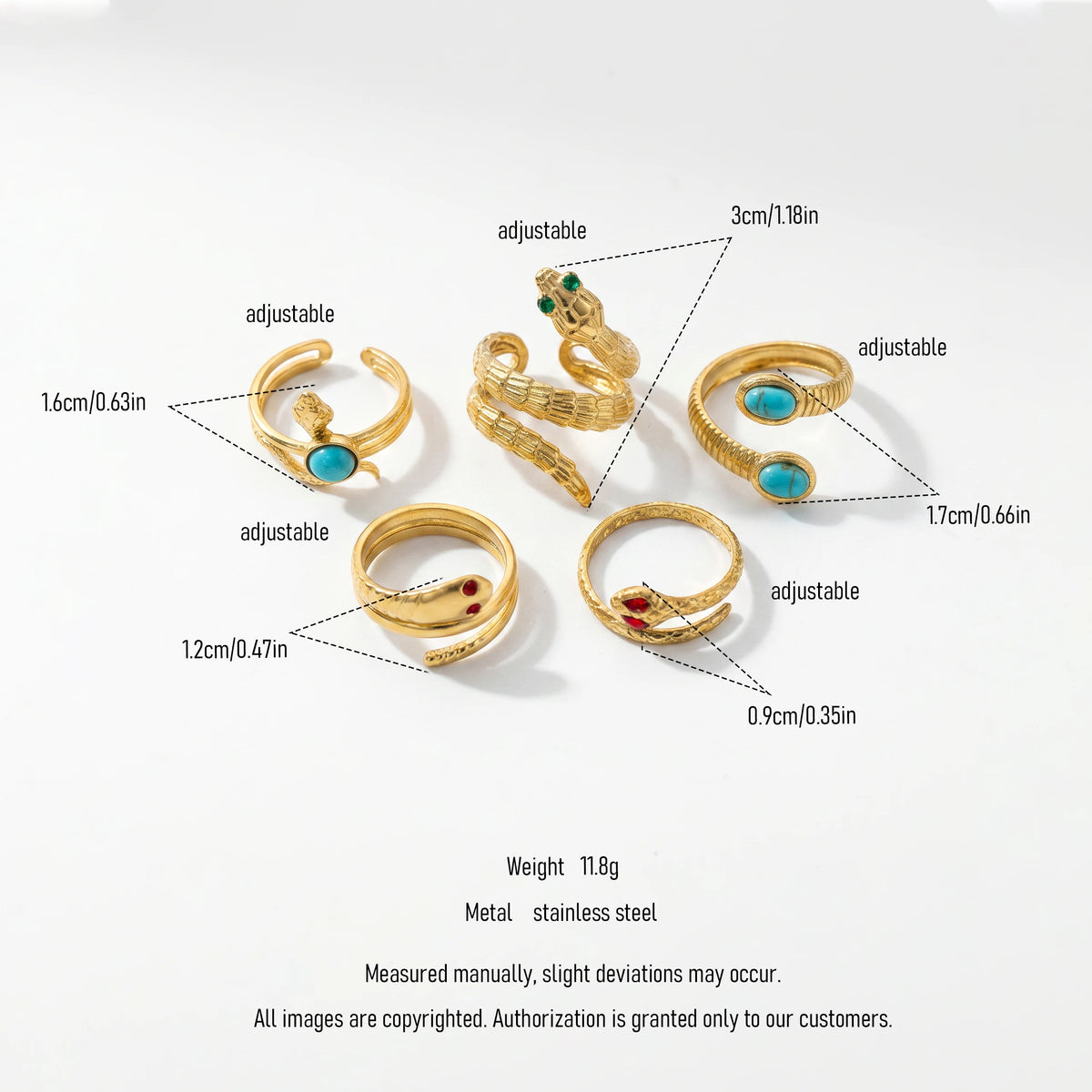 QIAOREN 5Pcs Gold Stainless Steel Turquoise Open Ring Set Irregular Hammered Crown Adjustable Boho Stackable Rings
