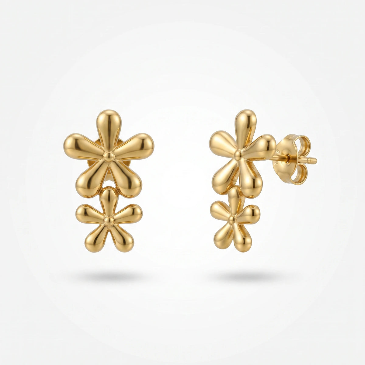 QIAOREN 14031 Polished Gold Double Five Petal Flower Drop Stud Earrings, Vertical Stacked Floral Ear Stud Jewelry Gift