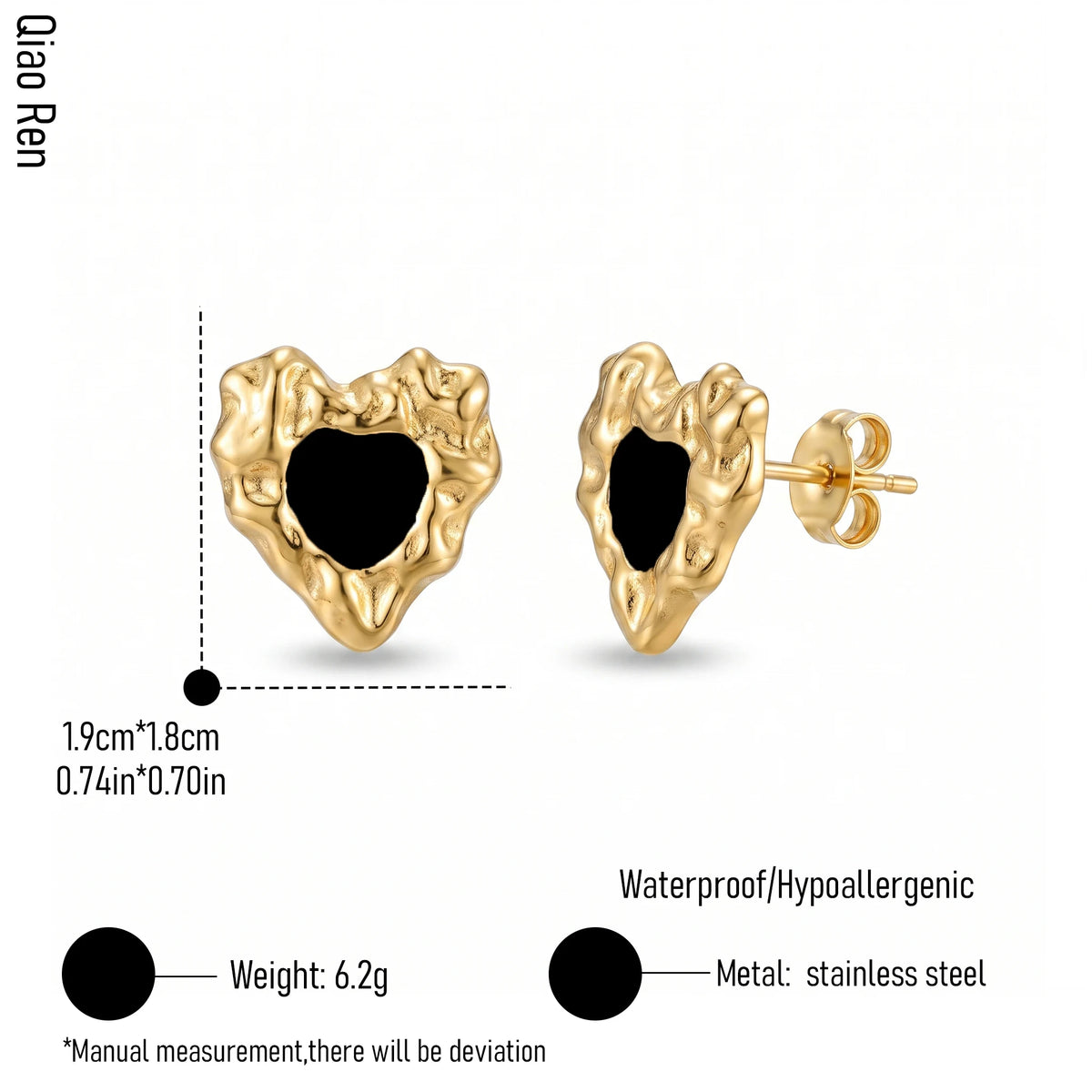 QIAOREN 14088-90 Stainless Steel Abstract Heart Stud Earrings Waterproof Hypoallergenic Gold Black Enamel Jewelry OEM ODM