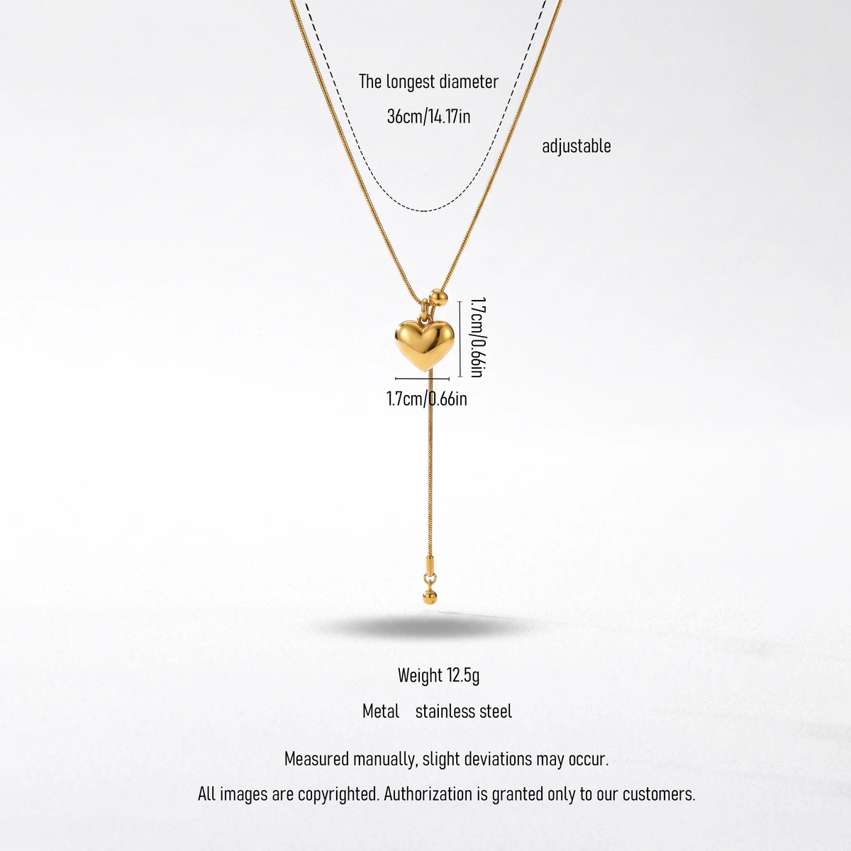 QIAOREN 12917 18K Gold Plated 316L Stainless Steel Puffed Heart Y Necklace Waterproof Tarnish Free Snake Chain Lariat Jewelry