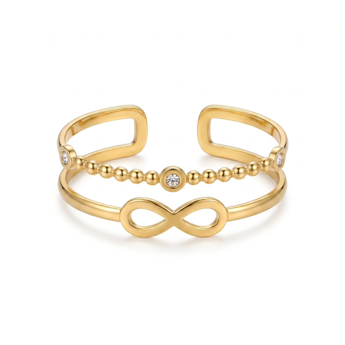 QIAOREN 11884 Minimalist Double Layer Infinity Cuff Bracelet 18K Gold Stainless Steel Beaded CZ Open Bangle Daily Wear Jewelry