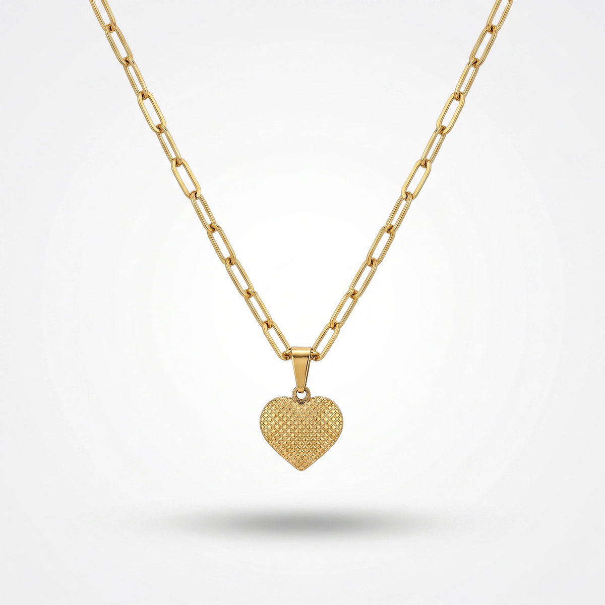 QIAOREN 13936 Paperclip Link Chain Heart Pendant Necklace with Embossed Grid Textured Heart Charm, Polished Gold Love