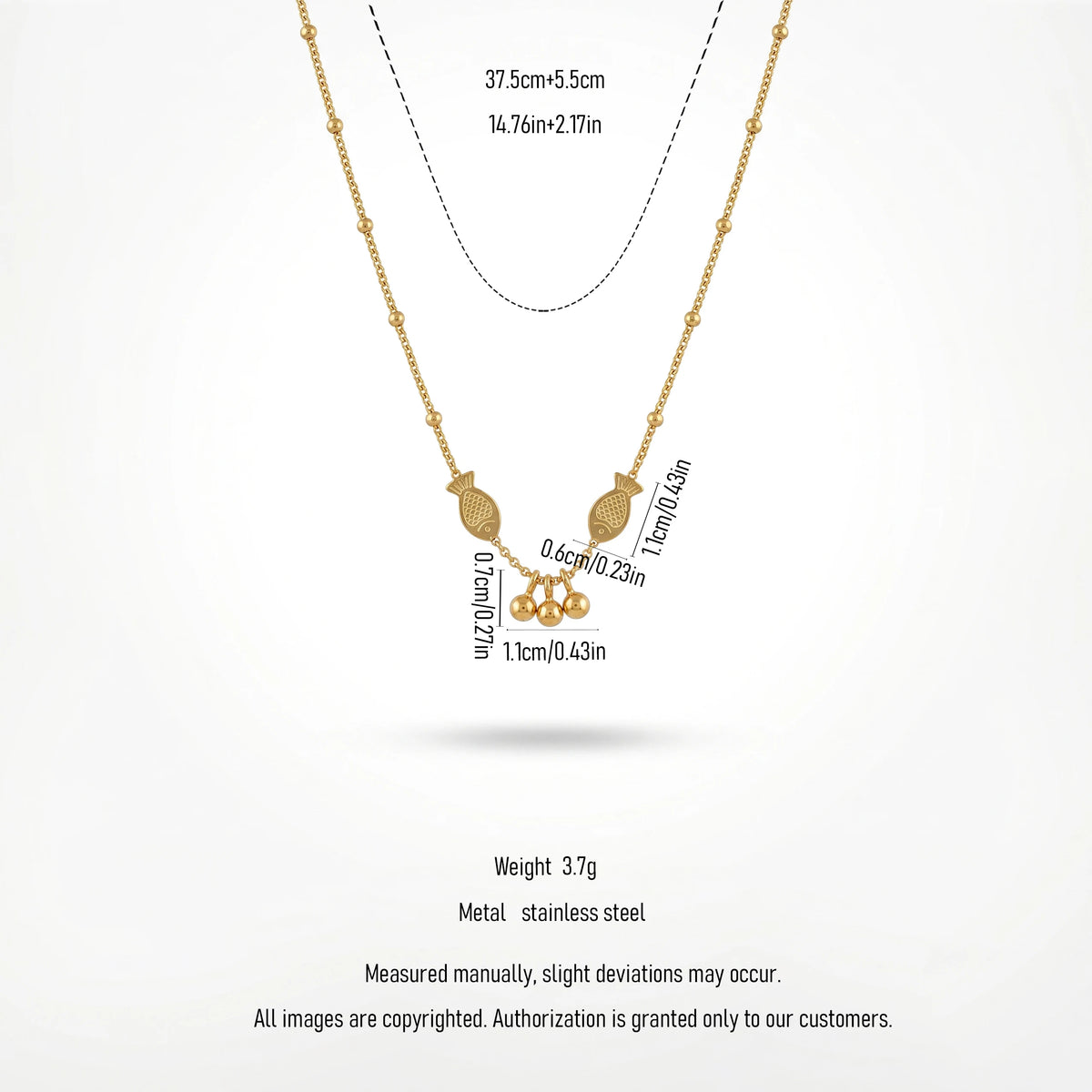 QIAOREN 13992 Beaded Cable Chain Pendant Necklace with Two Textured Fish Charms and Dangling Smooth Round Beads