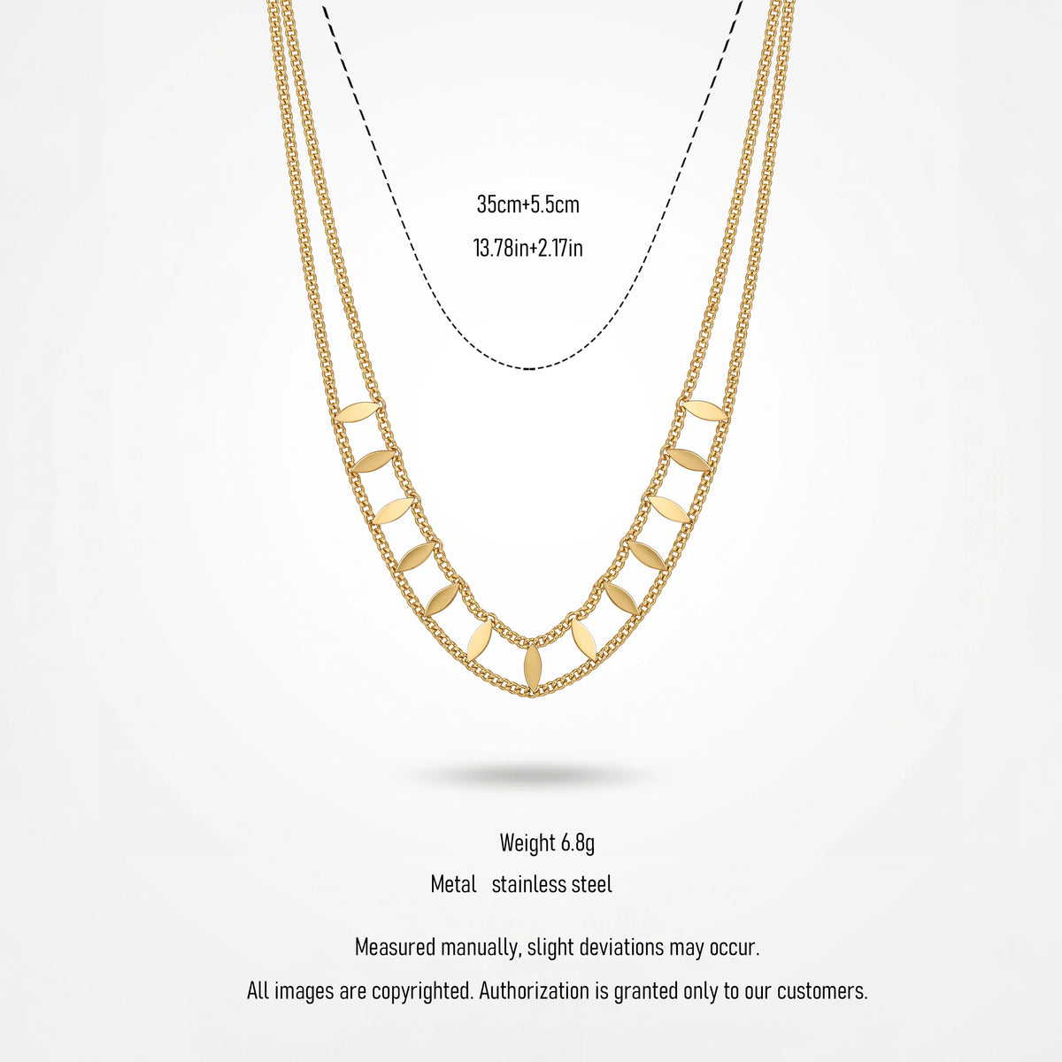 QIAOREN 13935 Double Layer Curb Chain Necklace with Marquise Leaf Shape Dangling Slice Charms, Polished Gold Stackable Leaf