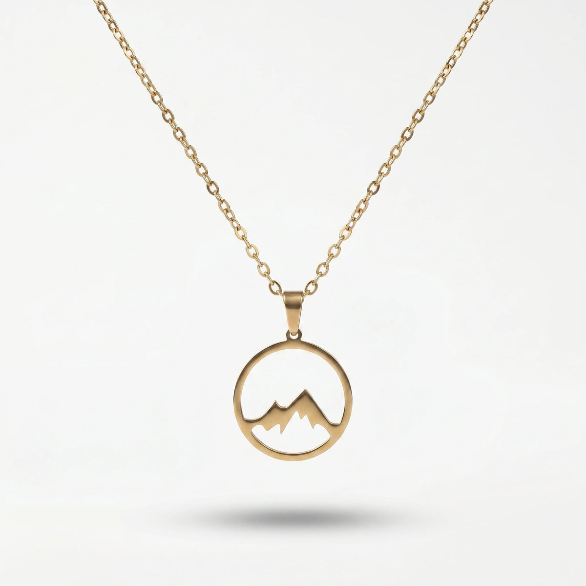 QIAOREN 11251 18K Gold Plated Hollow Mountain Circle Pendant Necklace Stainless Steel Tarnish Free Adventure Hiking Jewelry