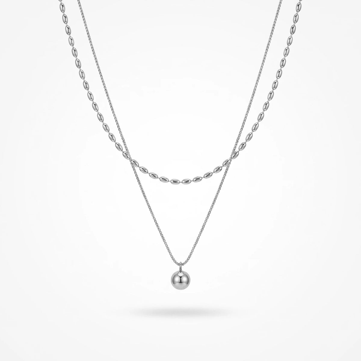 QIAOREN 13530 Double Layer Two-tone Oval Rice Bead & Thin Snake Chain Necklace, Single Smooth Round Ball Pendant Gold Stack