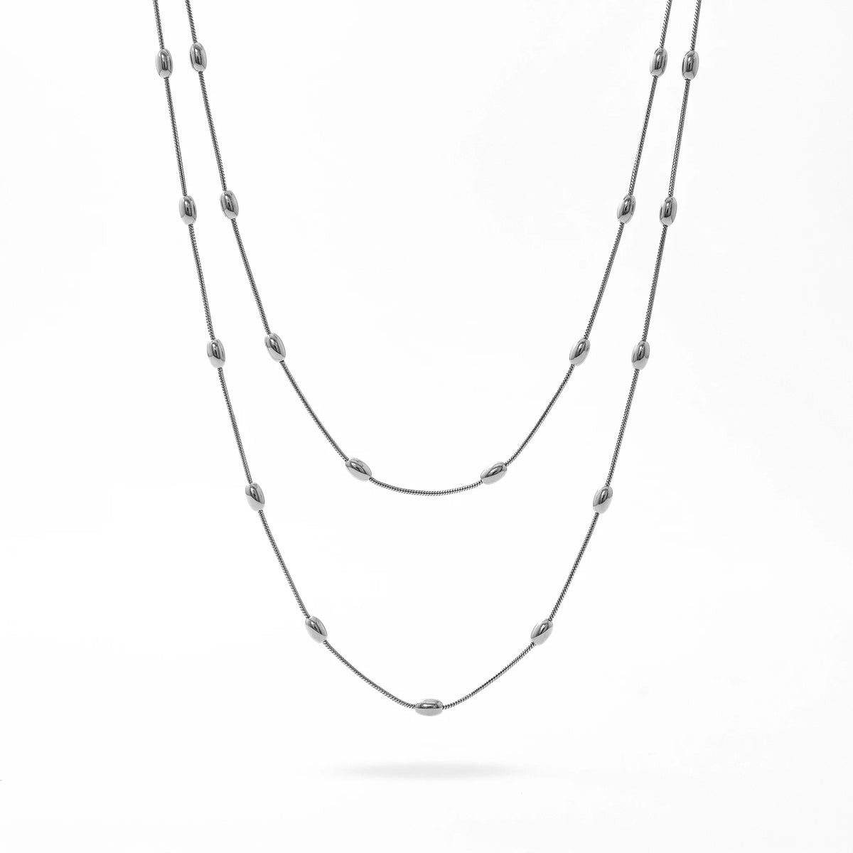 QIAOREN 13568 Gold Stainless Steel Layered Long Chain Necklace with Beaded Station Design Minimalist Fashion Jewelry for Women