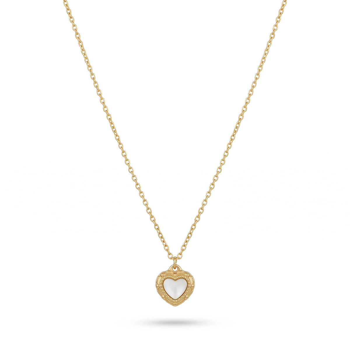 QIAOREN 13939 Thin Oval Link Chain Milgrain Bezel Heart Pendant Inlaid White Mother of Pearl, Polished Gold Vintage Love