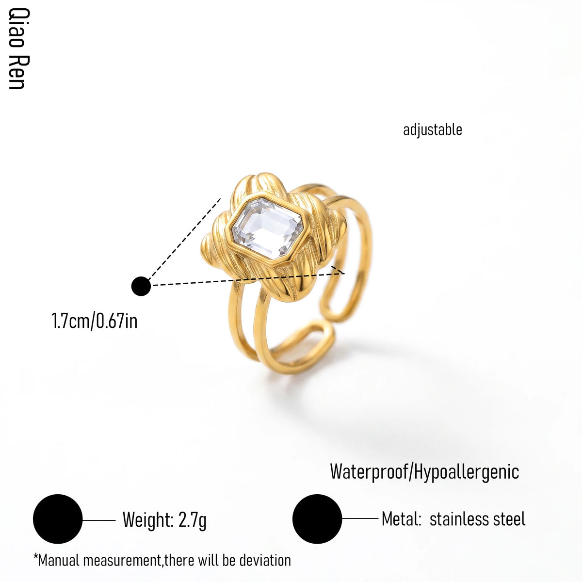 QIAOREN 14262-68 Vintage Floral Spiral Leaf Open Cuff Ring Collection, Adjustable Stackable Statement Rings with Zircon