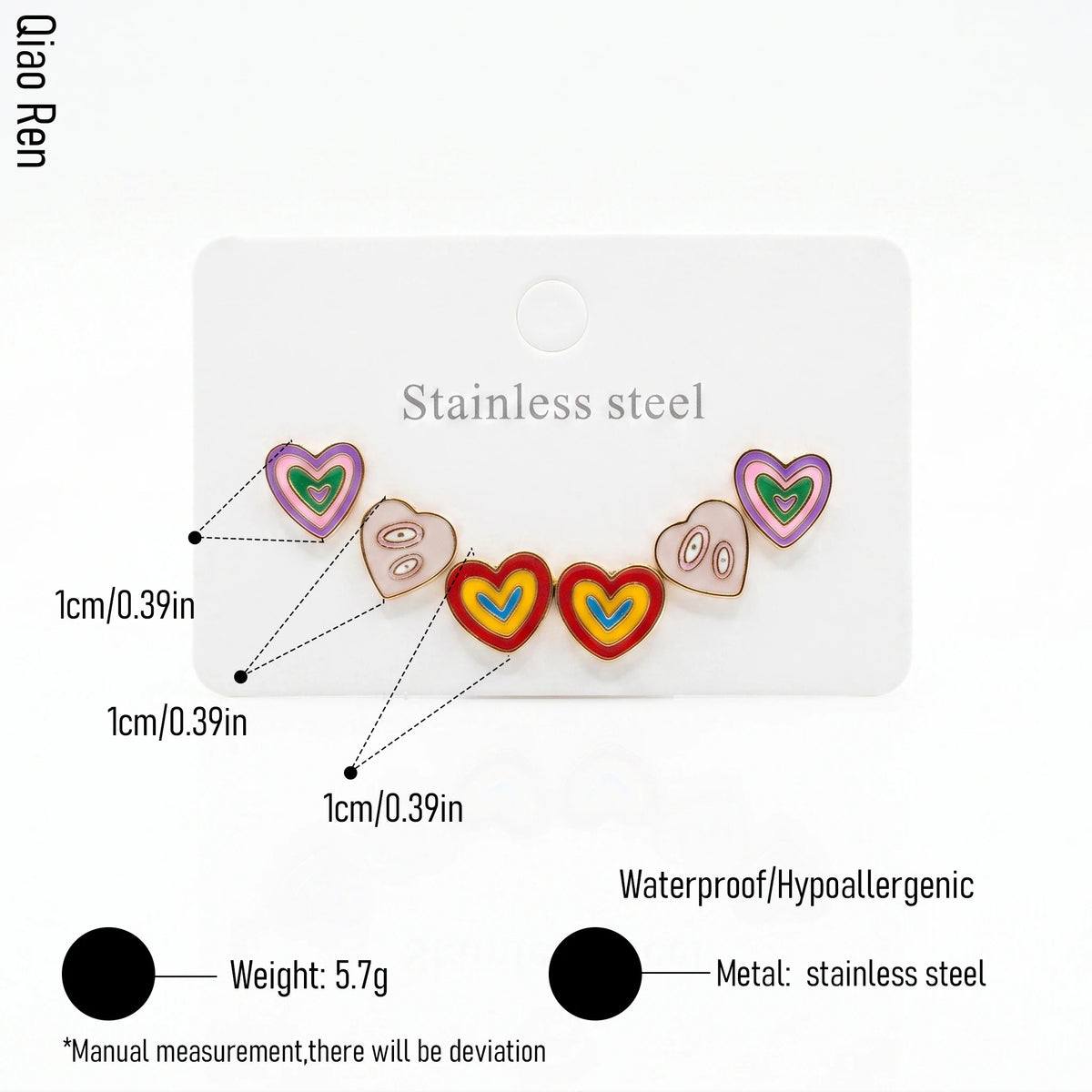 QIAOREN 14514 Waterproof Stainless Steel Heart Stud Earrings Colorful Enamel Heart Earrings Hypoallergenic Jewelry for Women
