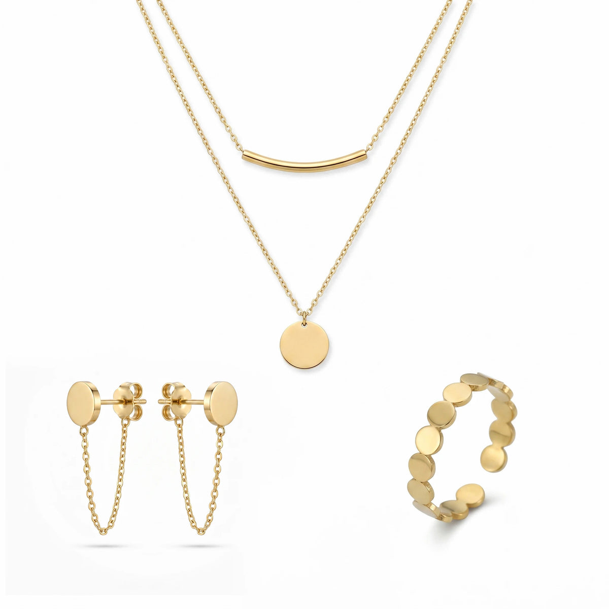 QIAOREN 11593 Waterproof 18K Gold Plated Stainless Steel Jewelry Set Layered Necklace Earrings Ring Everyday Wear