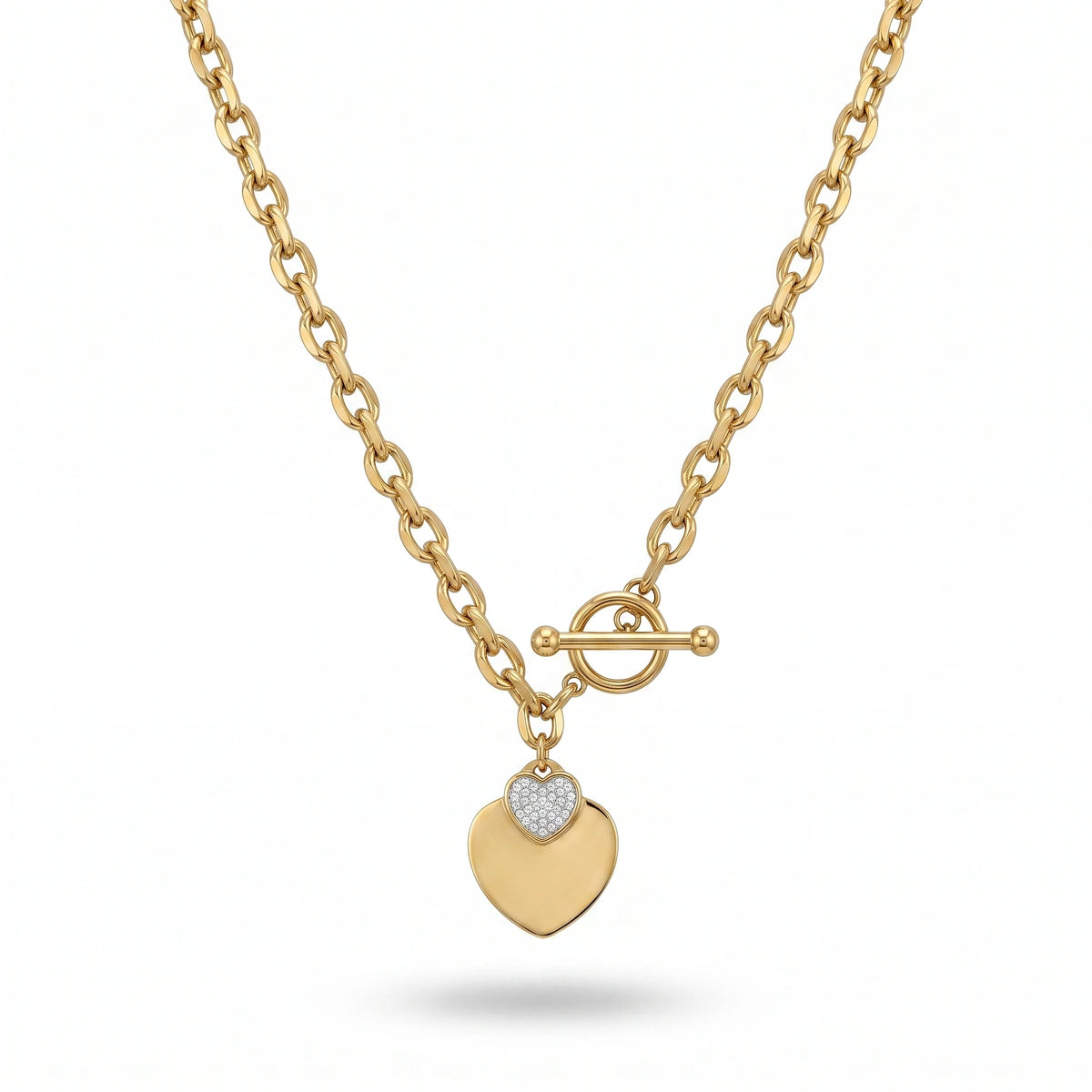QIAOREN 13539 Chunky Oval Link Heart Necklace, Two-tone Solid & Paved Zircon Love Charms Gold Necklace