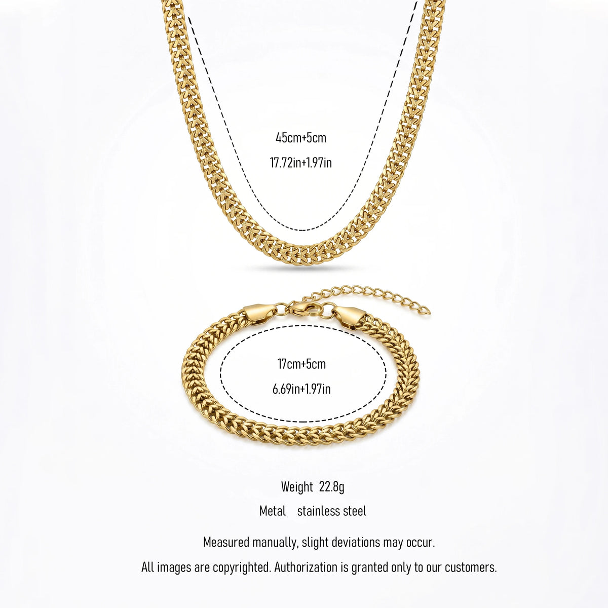 QIAOREN 11490 18K Gold Plated Thick Cuban Chain Necklace Bracelet Set Stainless Steel Tarnish Free Waterproof