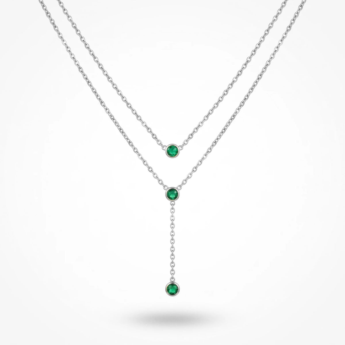 QIAOREN 11673 Dainty Green CZ Lariat Necklace 18K Gold Stainless Steel Double Layered Choker for Women