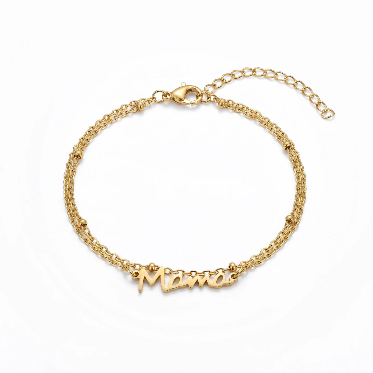 QIAOREN 11445 18K Gold Plated Cursive Mama Double Layer Bracelet With Beads Stainless Steel Tarnish Free