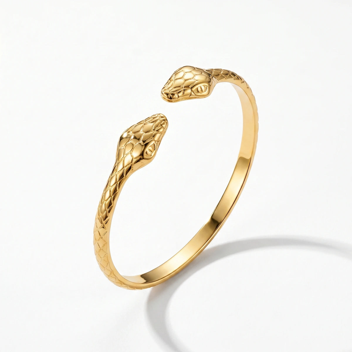 QIAOREN 12711 18K Gold Engraved Double Snake Head Open Cuff Stainless Steel Scale Textured Adjustable Stackable Trendy Women's