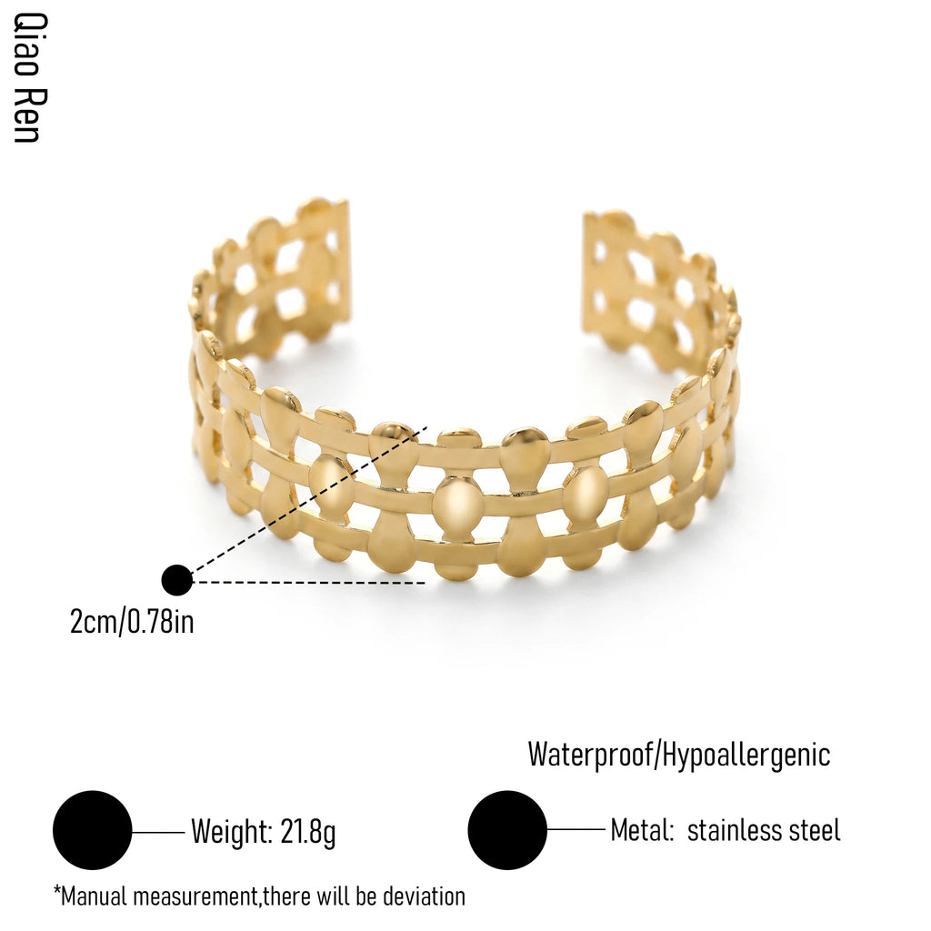 QIAOREN 14118 Stainless Steel Geometric Open Cuff Bracelet Gold Wide Waterproof Statement Jewelry OEM ODM