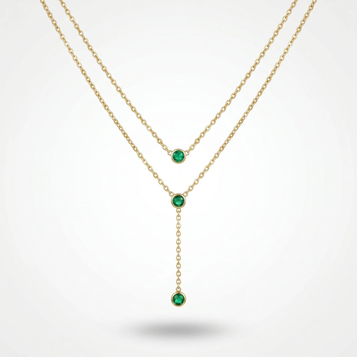QIAOREN 11673 Dainty Green CZ Lariat Necklace 18K Gold Stainless Steel Double Layered Choker for Women
