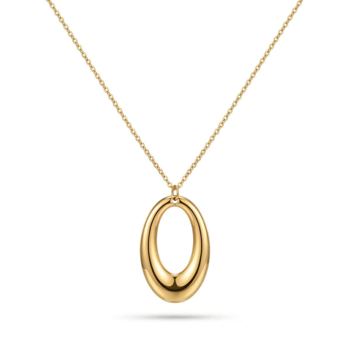 QIAOREN 10594 Oval Hollow Pendant Link Chain Necklace 18K Gold Plated Stainless Steel Waterproof Tarnish Free Jewelry for Women