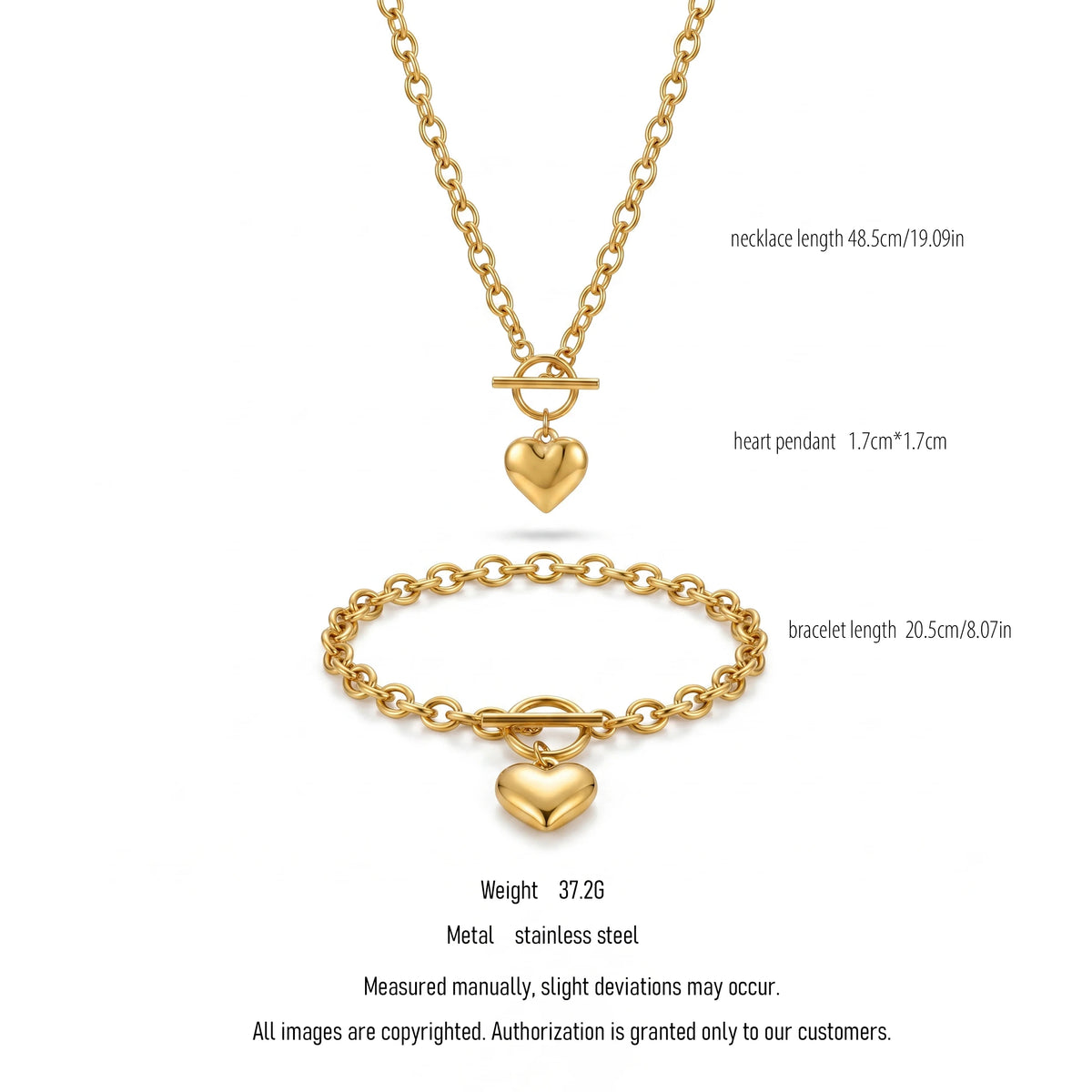 QIAOREN 10670 Trendy Heart Pendant Toggle Clasp Necklace Bracelet Set 18K Gold Stainless Steel Hypoallergenic Fashion Jewelry
