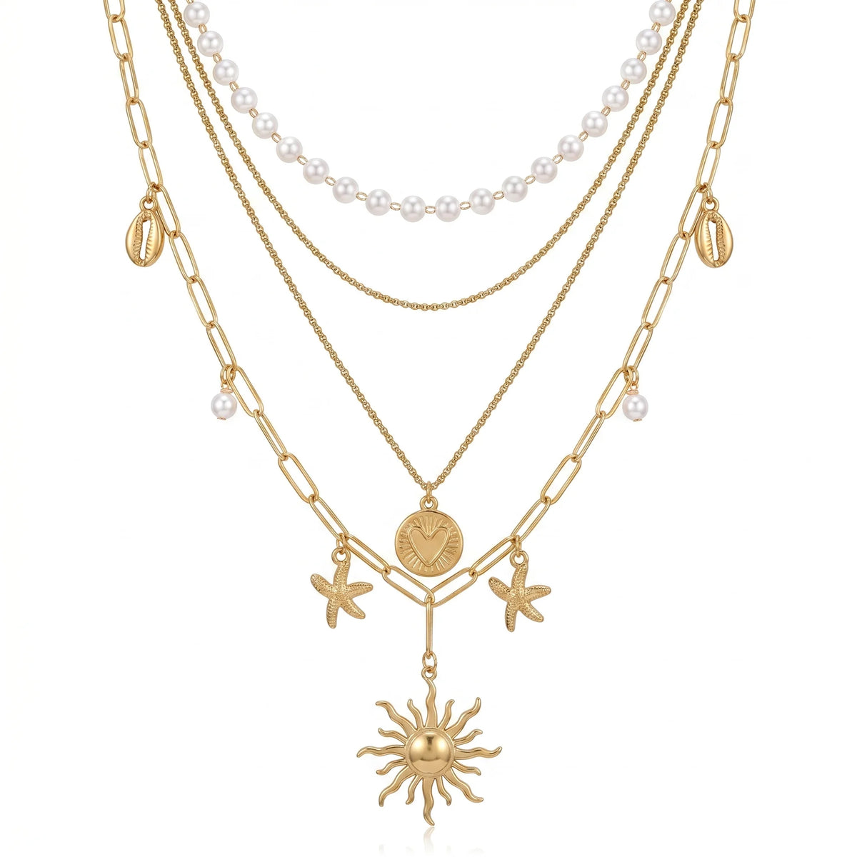 QIAOREN 11532 18K Gold Plated 4 Layer Pearl Cowrie Shell Starfish Sun Pendant Necklace Stainless Steel