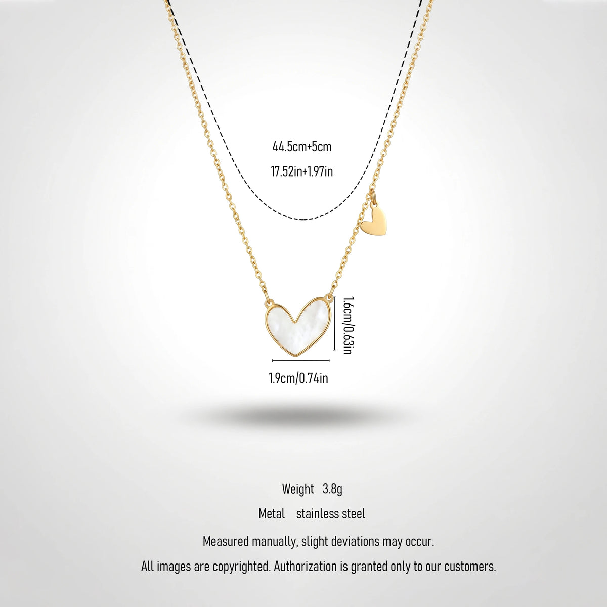 QIAOREN 11679 Dainty Mother of Pearl Heart Necklace 18K Gold Stainless Steel with Mini Heart Charm for Women