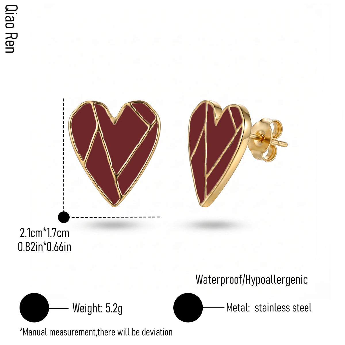 QIAOREN 14085-14087 Stainless Steel Heart Stud Earrings Gold Waterproof Hypoallergenic Statement Jewelry