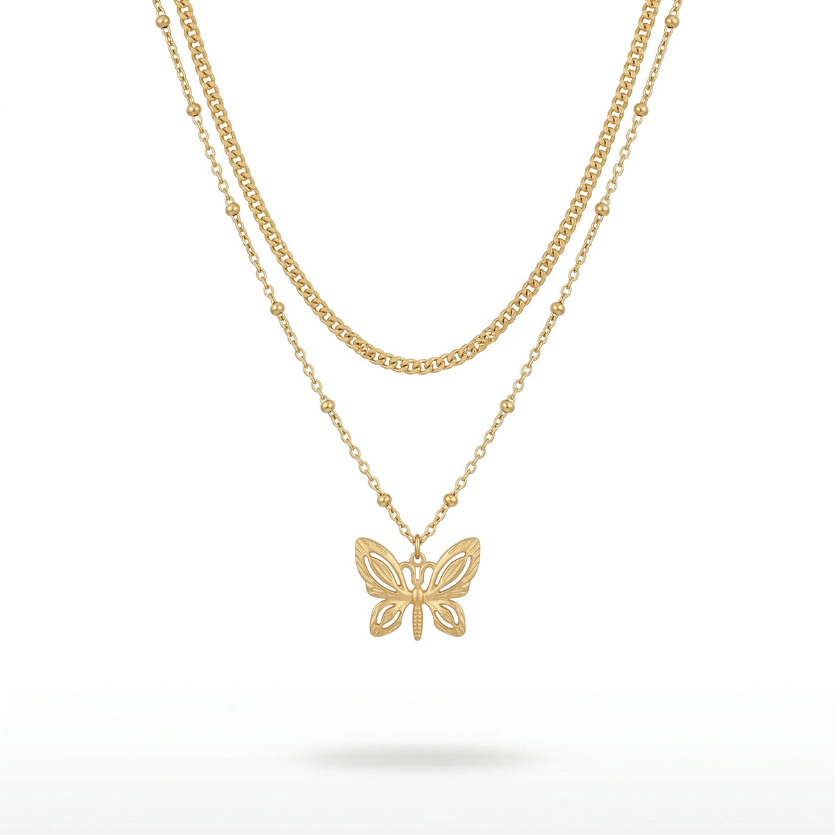 QIAOREN 11638 Waterproof 18K Gold Plated Stainless Steel Trendy Layered Necklace Matte Hollow Butterfly Pendant for Women Gift