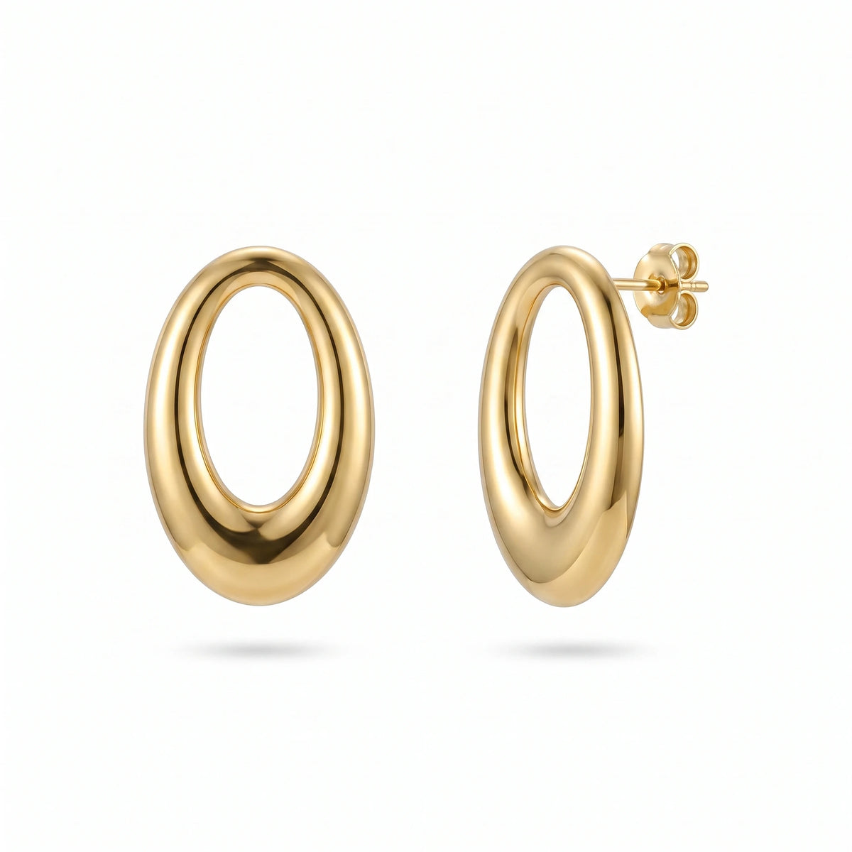 QIAOREN 14055 Polished Gold Chunky Oval Hollow Stud Earrings, Thick Tube Open Oval Hoop Ear Stud Jewelry Gift