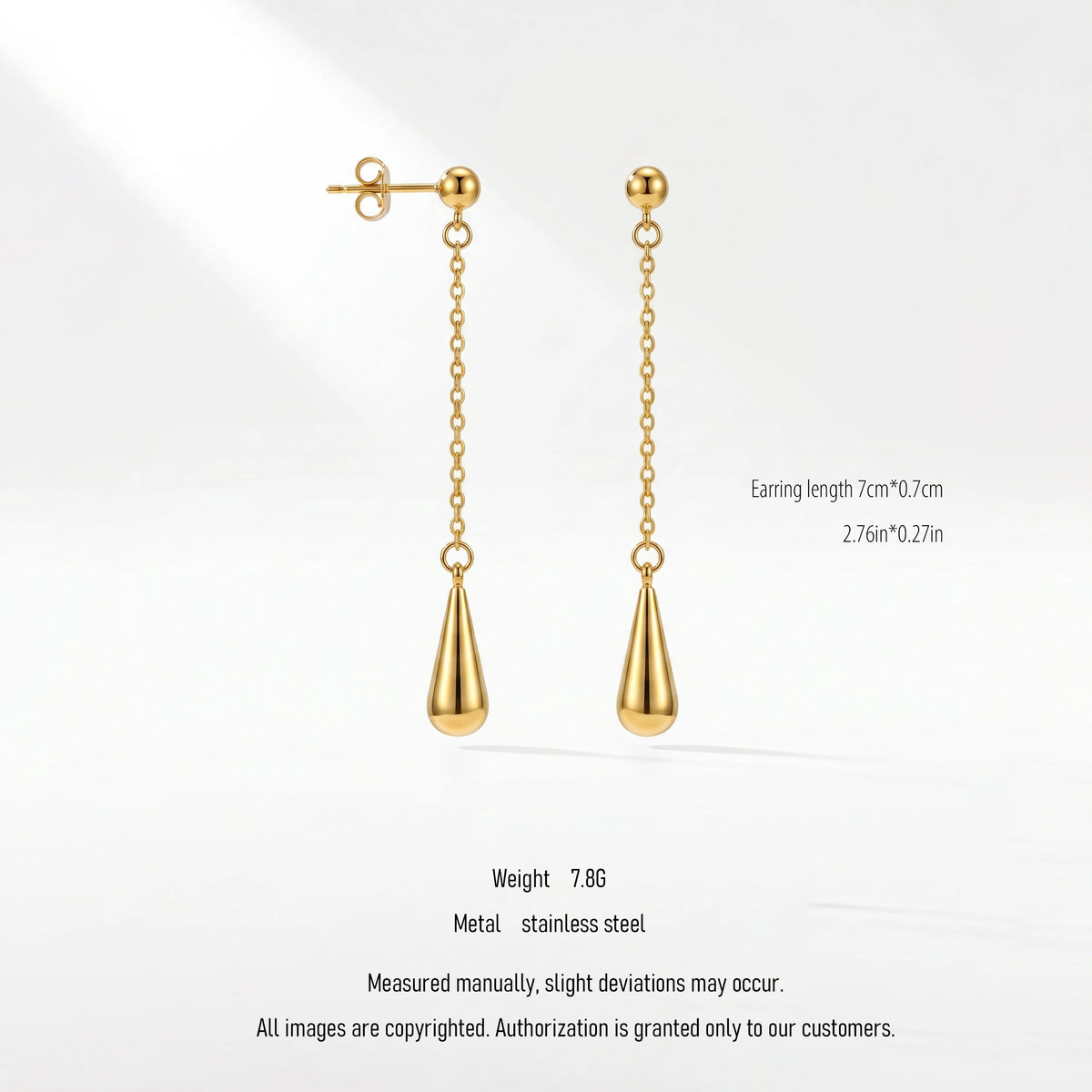 QIAOREN 10633 Minimalist Teardrop Stud Earrings Stainless Steel Gold Plated Long Chain for Ladies