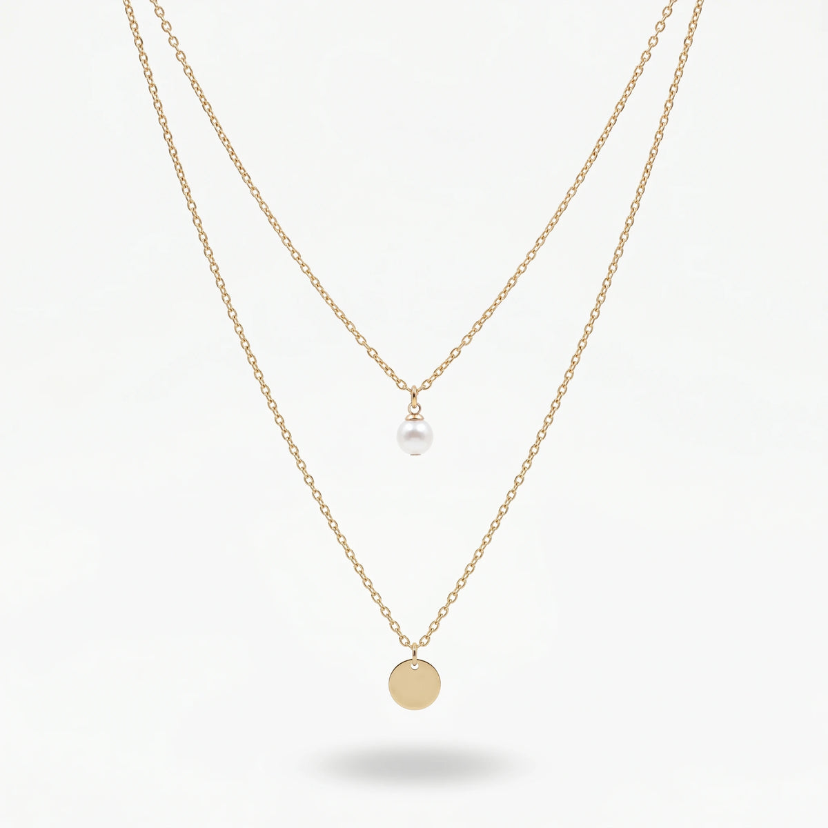 QIAOREN 11243 18K Gold Plated Layered Pearl and Disc Pendant Necklace Stainless Steel Tarnish Free Waterproof Jewelry