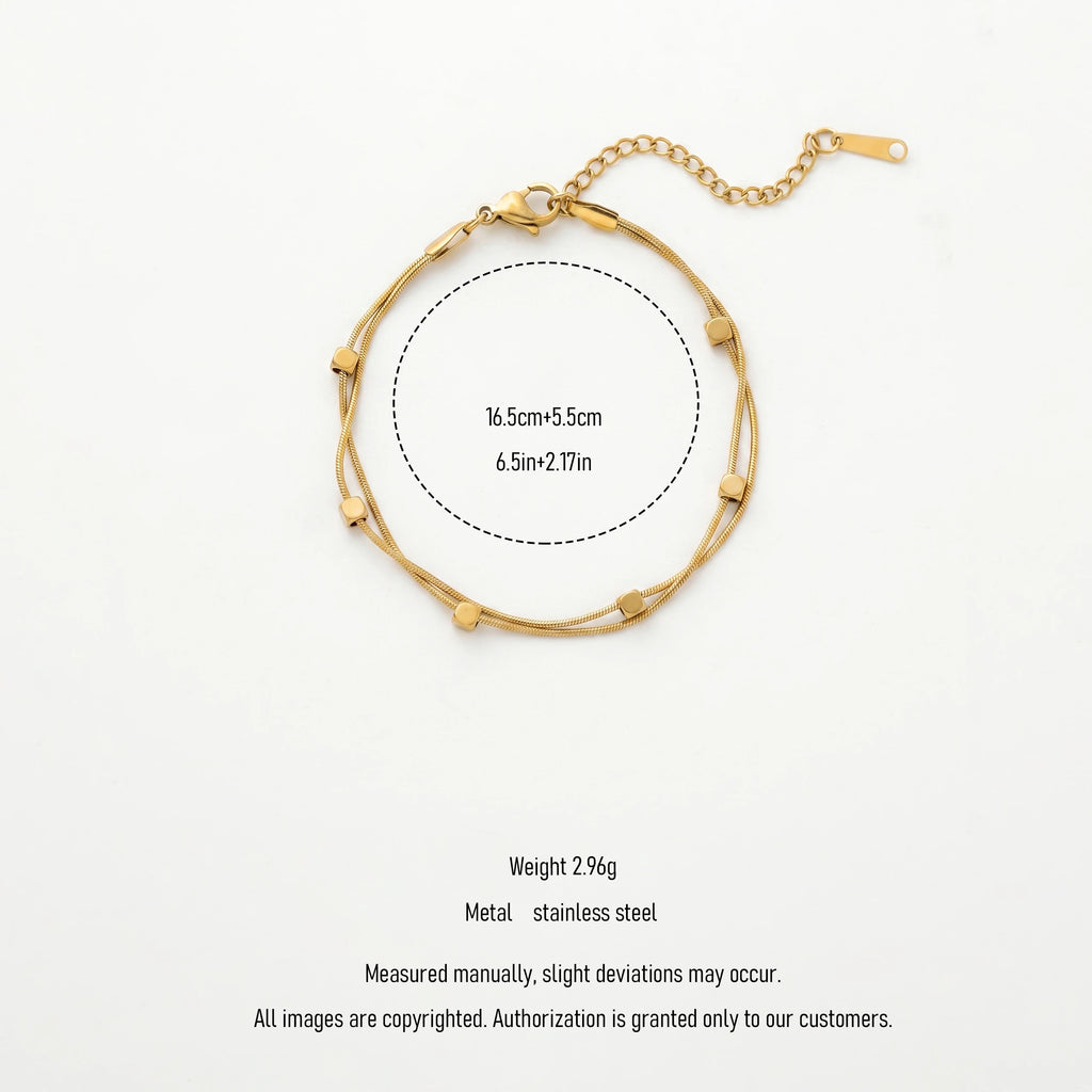 QIAOREN 13301 Gold Double Snake Bracelet Stainless Steel Mini Cube Beads Clasp Extender Waterproof Dainty Women Stack Jewelry