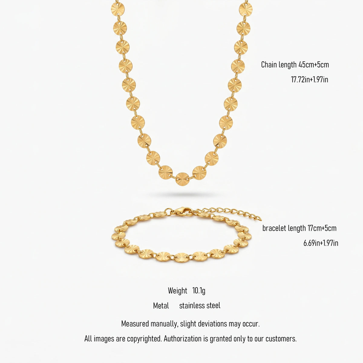 QIAOREN 10790 Trendy 18K Gold Plated Geometric Disc Chain Stainless Steel Adjustable Necklace Bracelet Set Fashion Jewelry