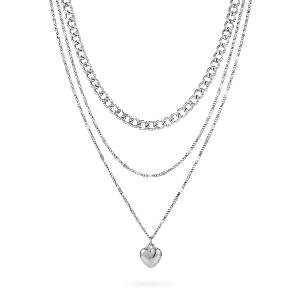 QIAOREN 11988 Europe Hot Hypoallergenic Stainless Steel 3 Tier Stacked Necklace Mixed Link Chain Heart Charm Layered Necklaces