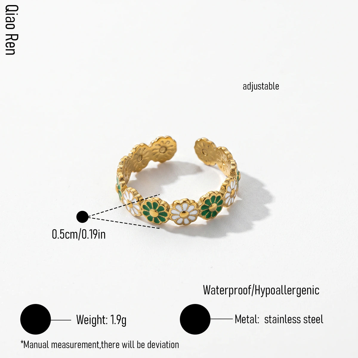 QIAOREN 14190-96 Daisy Pattern Open Ring Set, Multi Style Enamel Adjustable Stackable Ring Jewelry Gift for Daily Fashion