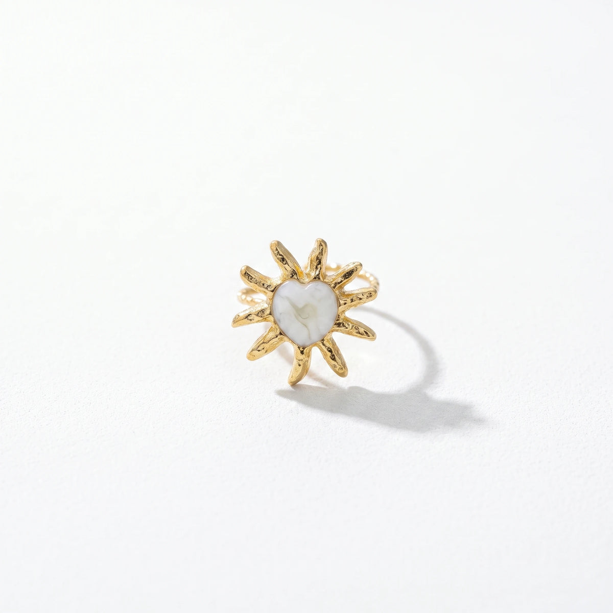 QIAOREN 14165-68 Heart & Sun Pattern Open Ring Set, White Mica Enamel Inlaid Adjustable Stackable Ring Jewelry Gift