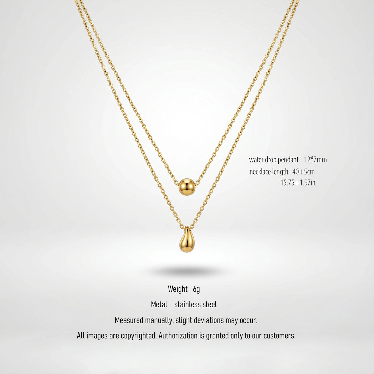 QIAOREN 10582 Water Drop Bead Double Layer Necklace 18K Gold Plated Stainless Steel Waterproof Tarnish Free Trendy Jewelry