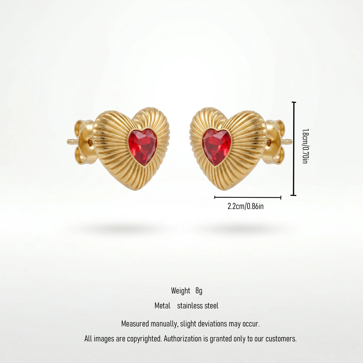 QIAOREN 12205 Gold Plated Stainless Steel Sunburst Heart Stud Earrings