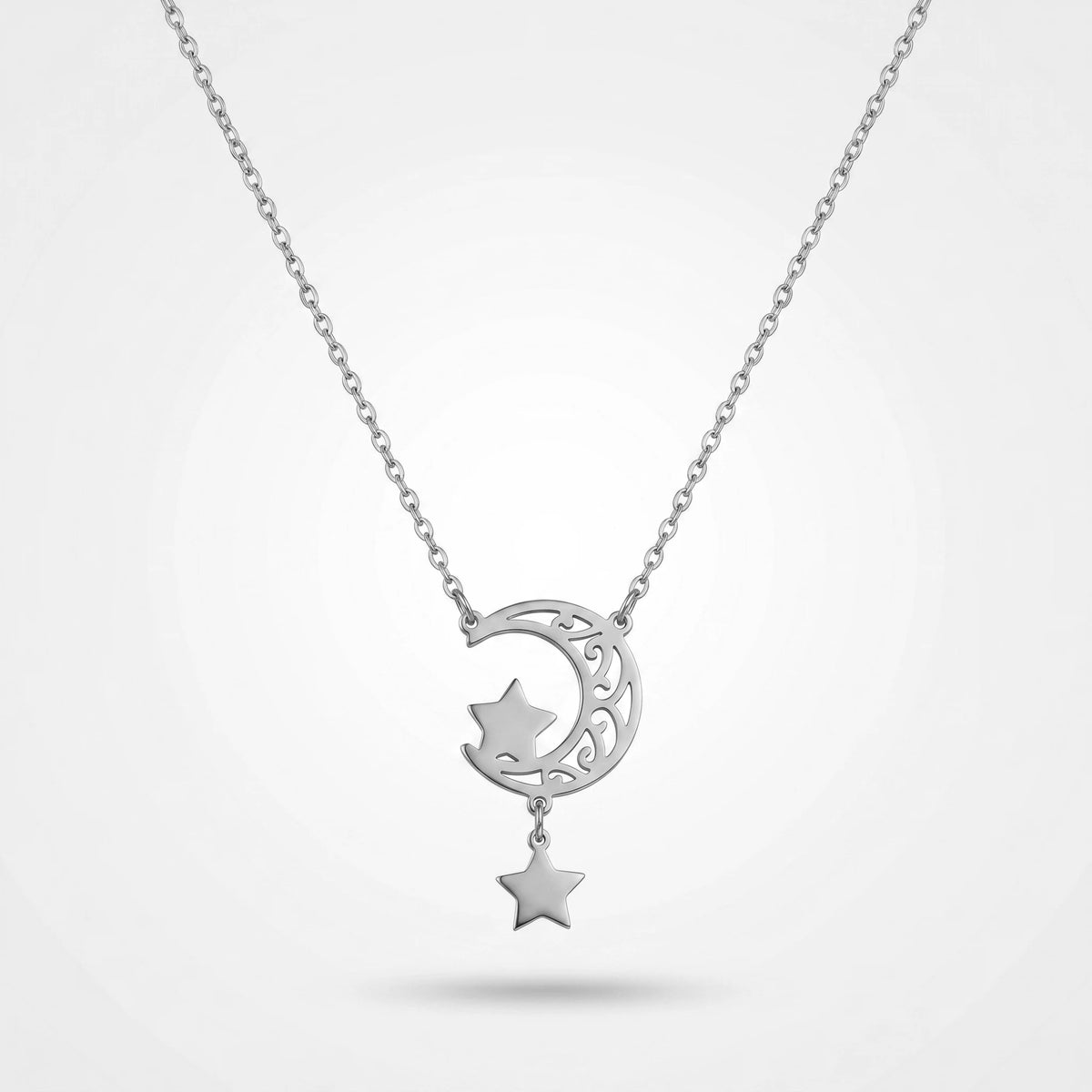 QIAOREN 11952 Elegant Boho Celestial Moon Star Pendant Necklace Gold Stainless Steel Hollow Filigree Jewelry Gift for Women