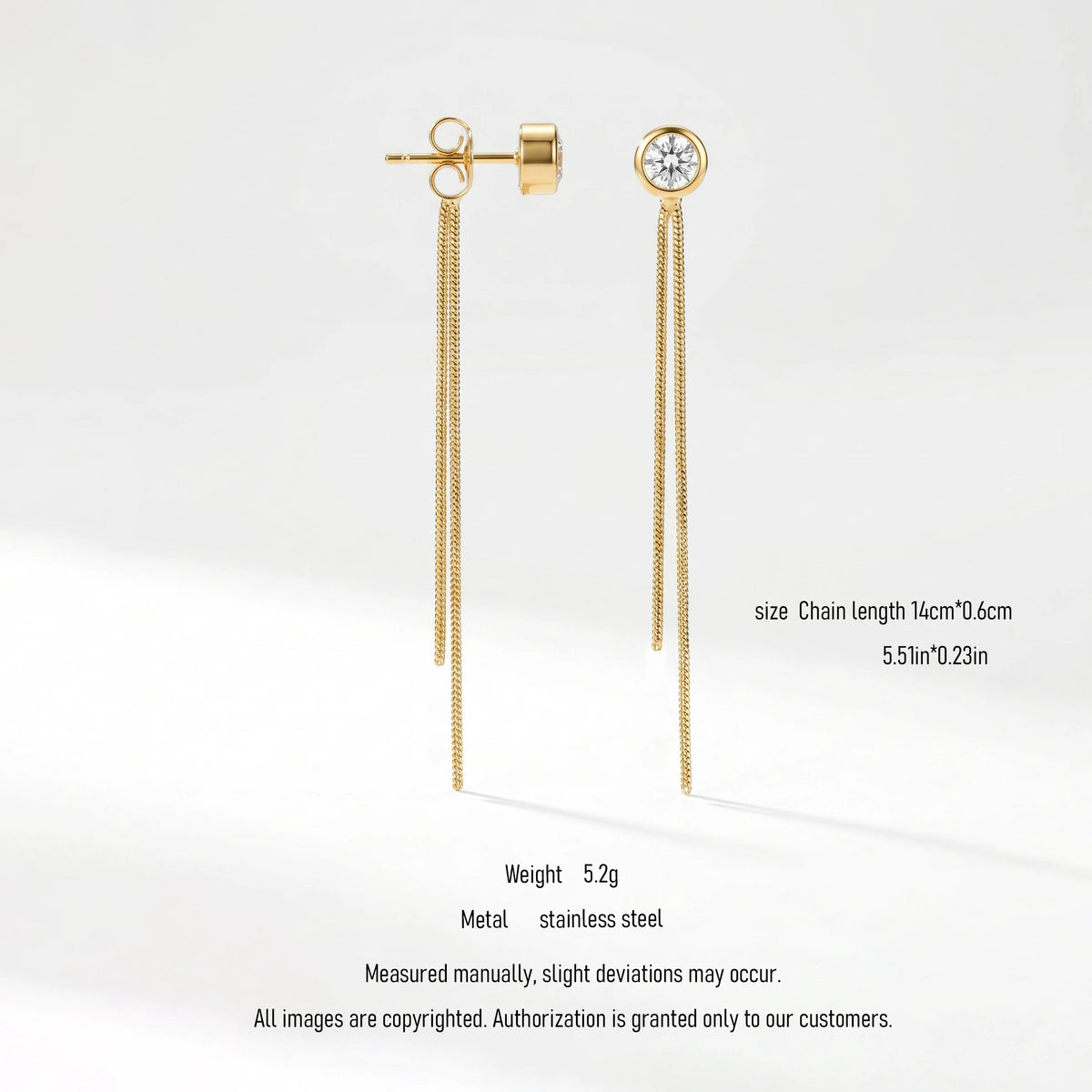 QIAOREN 10747 Sleek Geometric Tassel Drop Cuff Earrings Stainless Steel Gold Plated with Snake Chain Water-Ready