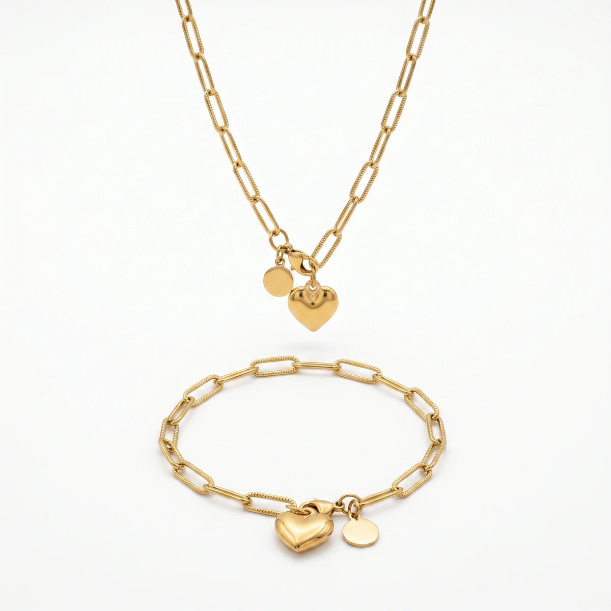 QIAOREN 10641 Stainless Steel Trendy Geometric Heart Charm Jewelry Set 18K Gold Plated Paperclip Necklace Bracelet for Women
