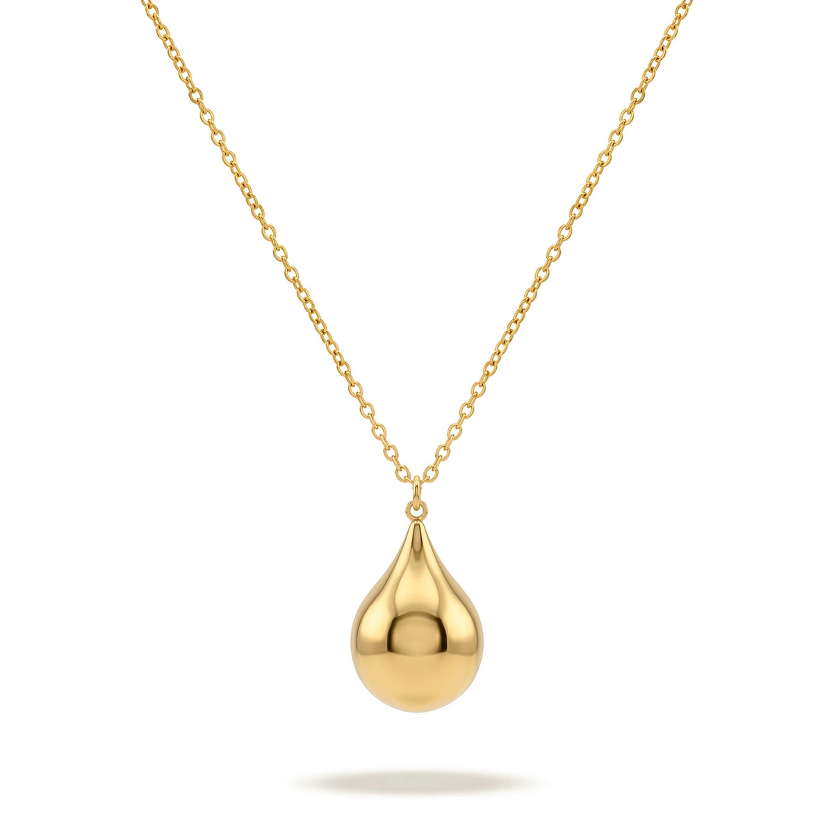 QIAOREN 11751 Polished Teardrop Pendant Necklace 18K Gold Stainless Steel Smooth Shiny Statement Piece