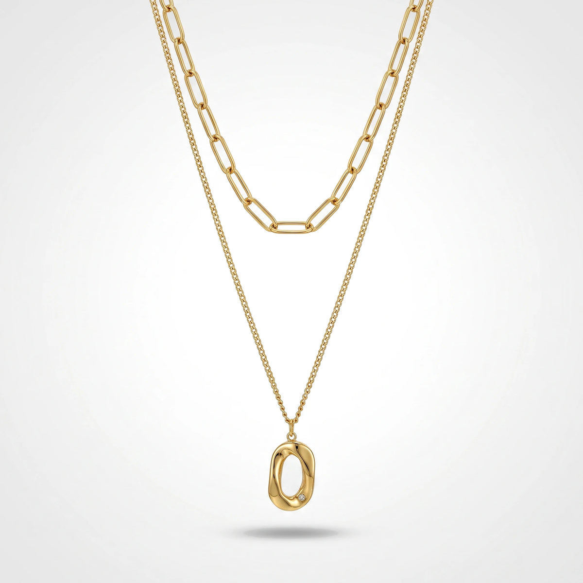 QIAOREN 13988 Double Layer Stacked Necklace with Paperclip Top Chain & Irregular Hollow Oval Pendant Inlaid Tiny CZ